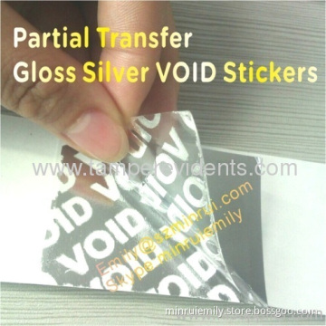 Custom Gloss Silver Void Stickers With Bigger Font Size,patial Transfer Gloss Silver Tamper Proof Void Labels 